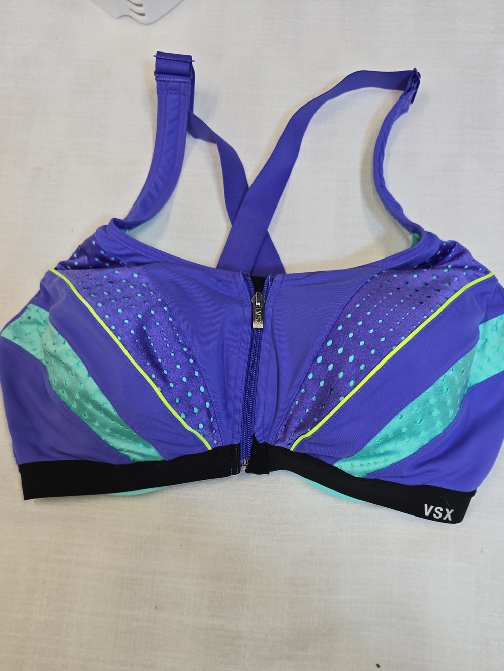 VSX Purple with Mint & Neon Trim Front-Zip Sports Bra